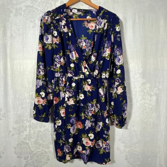 Lulus Faux Wrap Dress Medium Blue Floral NEW Long Sleeve Knee Length - Picture 1 of 12